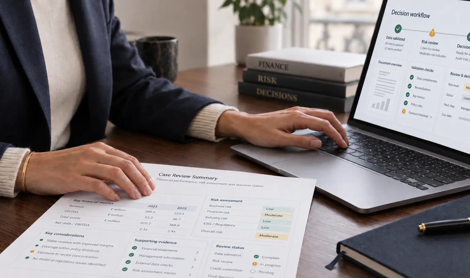 Finance professional reviewing validated financial and risk information in a controlled decision workflow.
