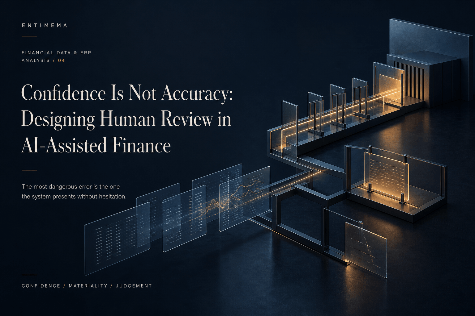 Entimema Financial Data and ERP analysis cover showing translucent information planes routed through validation gates, a precise review node and a stopped unresolved element before a decision plane.