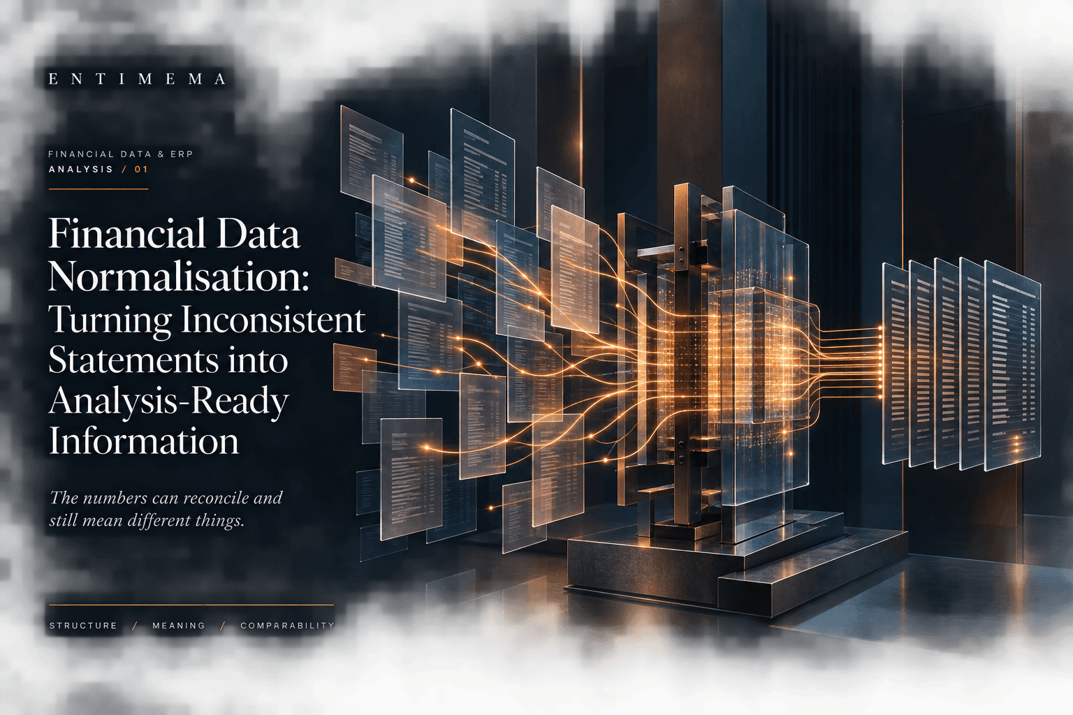 Entimema Financial Data and ERP analysis cover showing inconsistent transparent financial statement planes converging through a controlled mapping architecture into one aligned system.