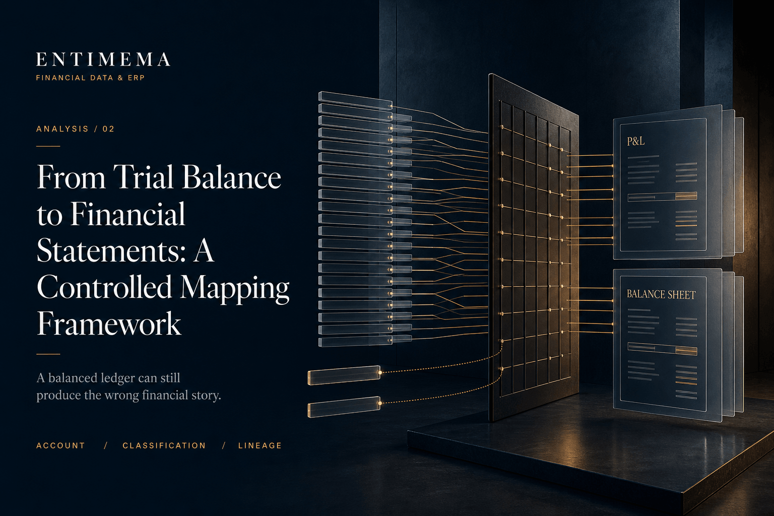 Entimema Financial Data and ERP analysis cover showing granular account elements passing through a classification plane into aligned P&L and Balance Sheet layers while controlled exceptions retain amber lineage.
