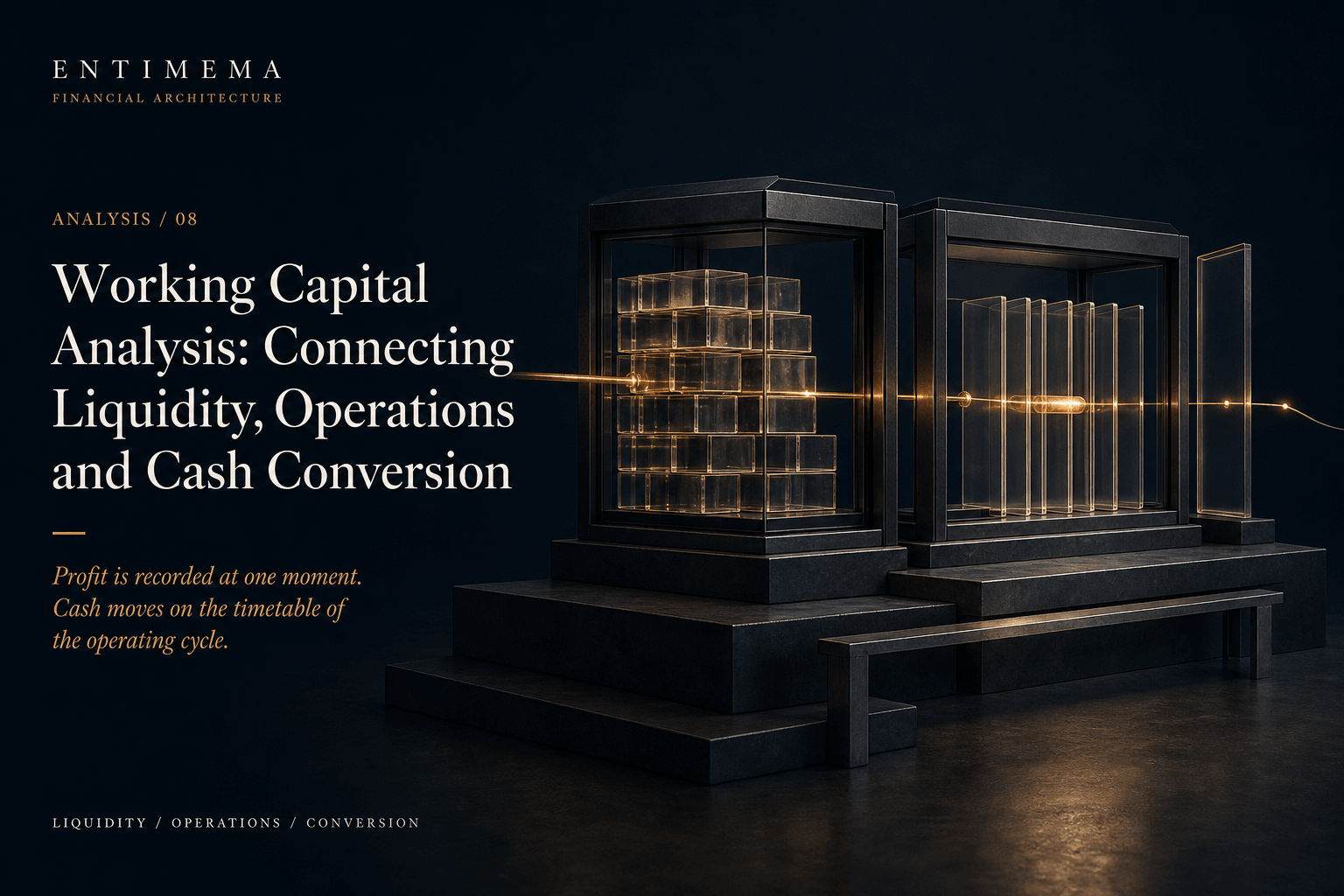 Entimema Analysis 08: an amber liquidity filament passes through glass inventory and receivables chambers, with a suspended segment and an offset supplier-financing support.