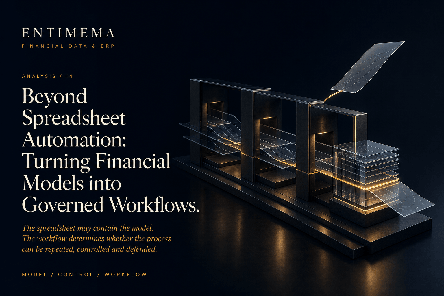 Entimema Analysis 14: flexible translucent analytical planes pass through dark architectural control chambers along an amber path, retaining an exploratory branch and a final glass review surface.