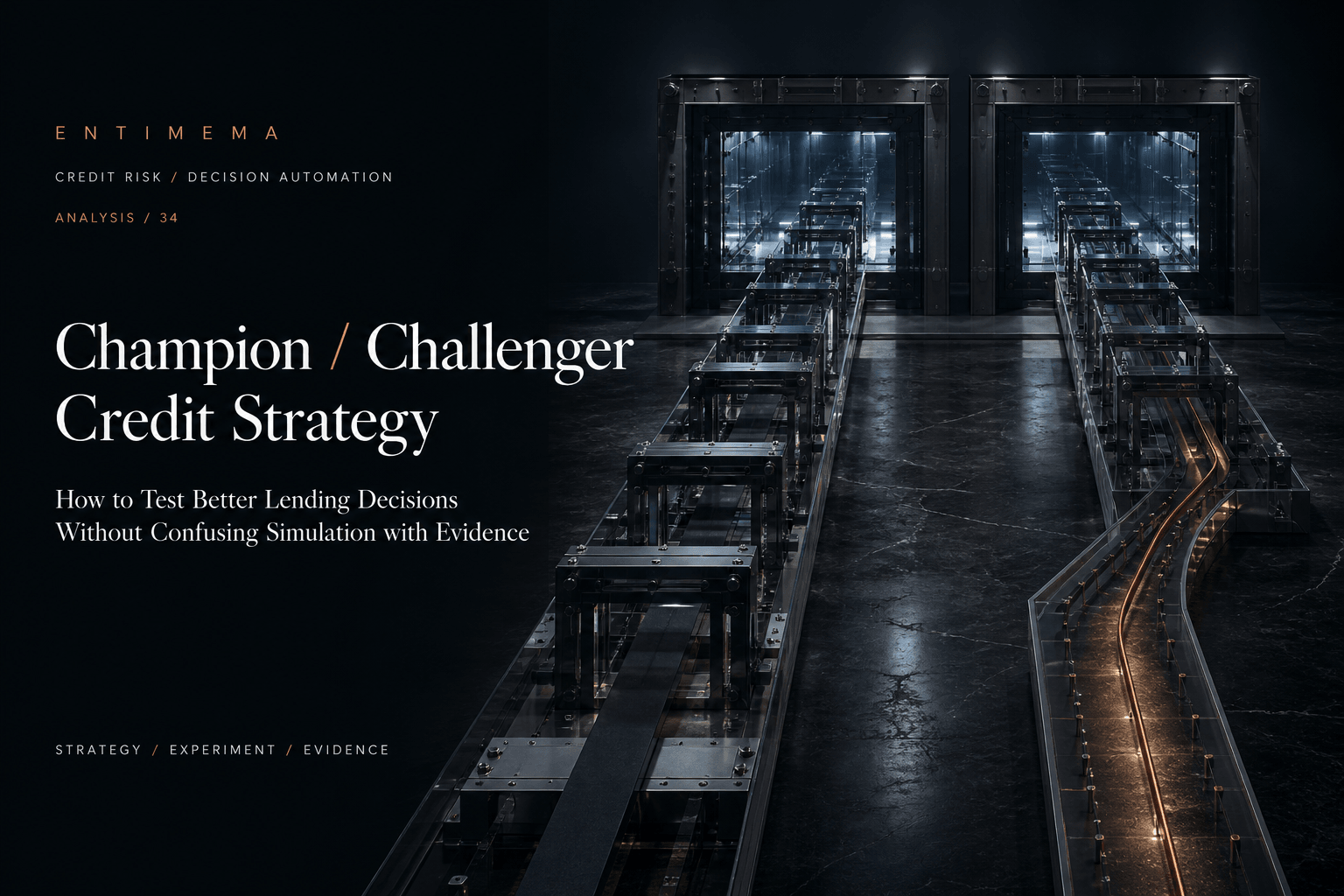 Entimema Insights cover showing two parallel precision decision structures passing through the same controlled test chambers before one diverges along a copper evidence path.