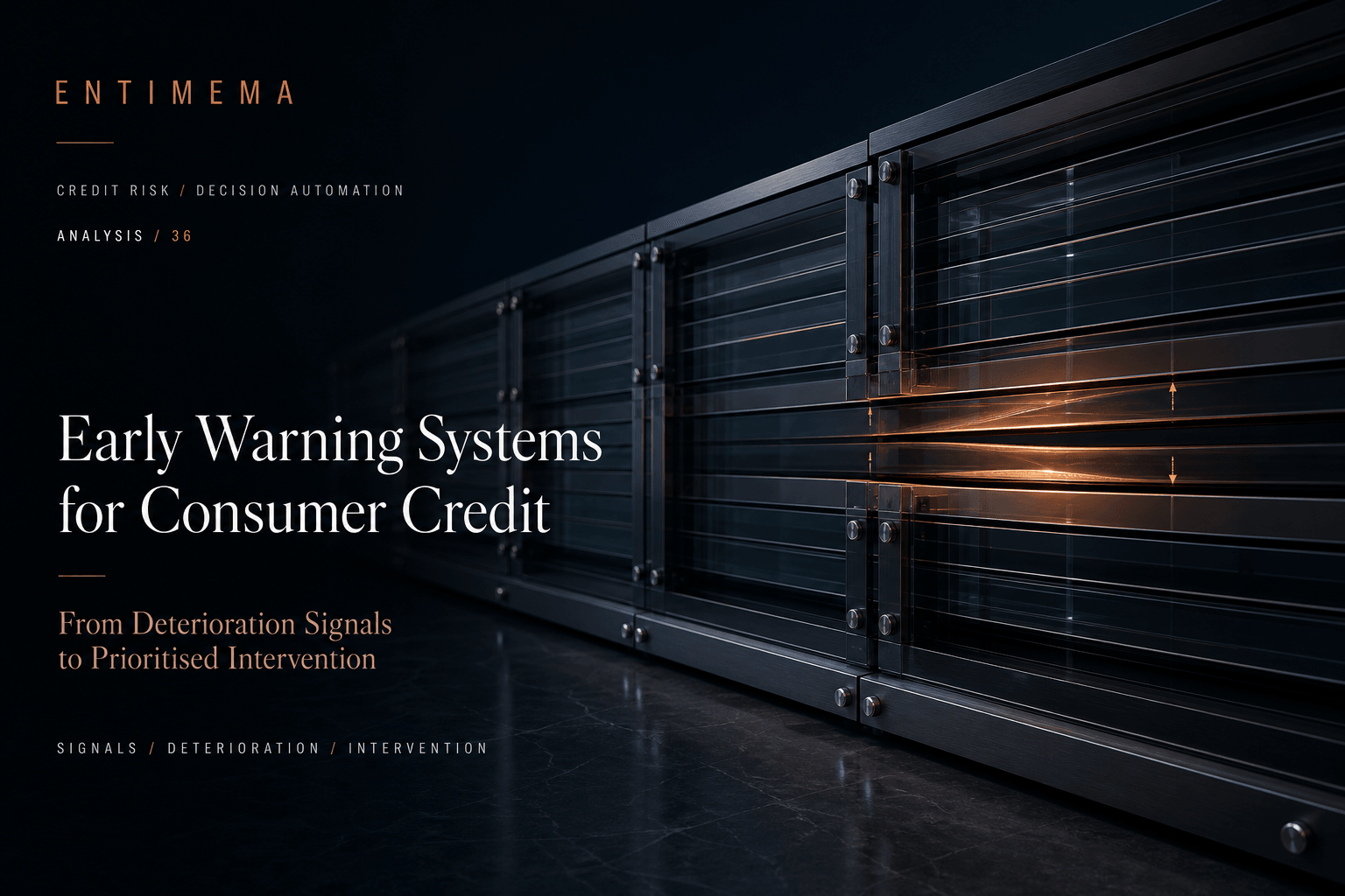 Entimema Insights cover showing an intact laminated glass-and-steel credit structure developing subtle internal compression and corroborating nearby tension before visible failure.