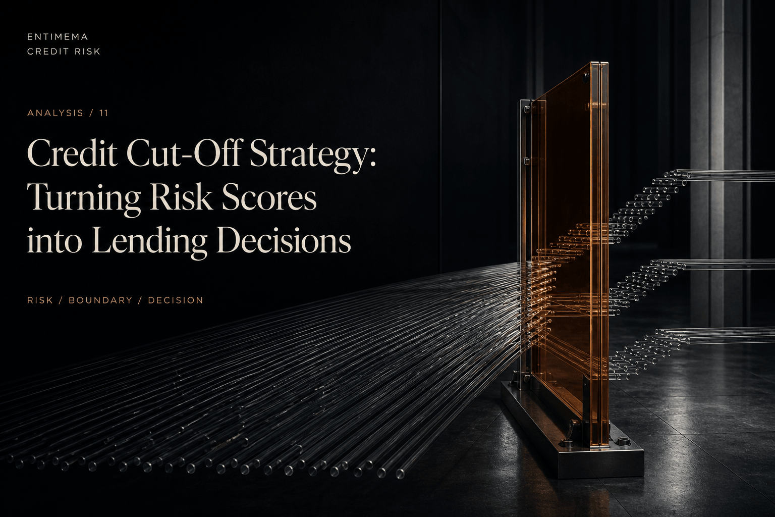 Editorial artwork for Credit Cut-Off Strategy showing a continuous field of risk separated into three lending trajectories at a physical decision boundary.