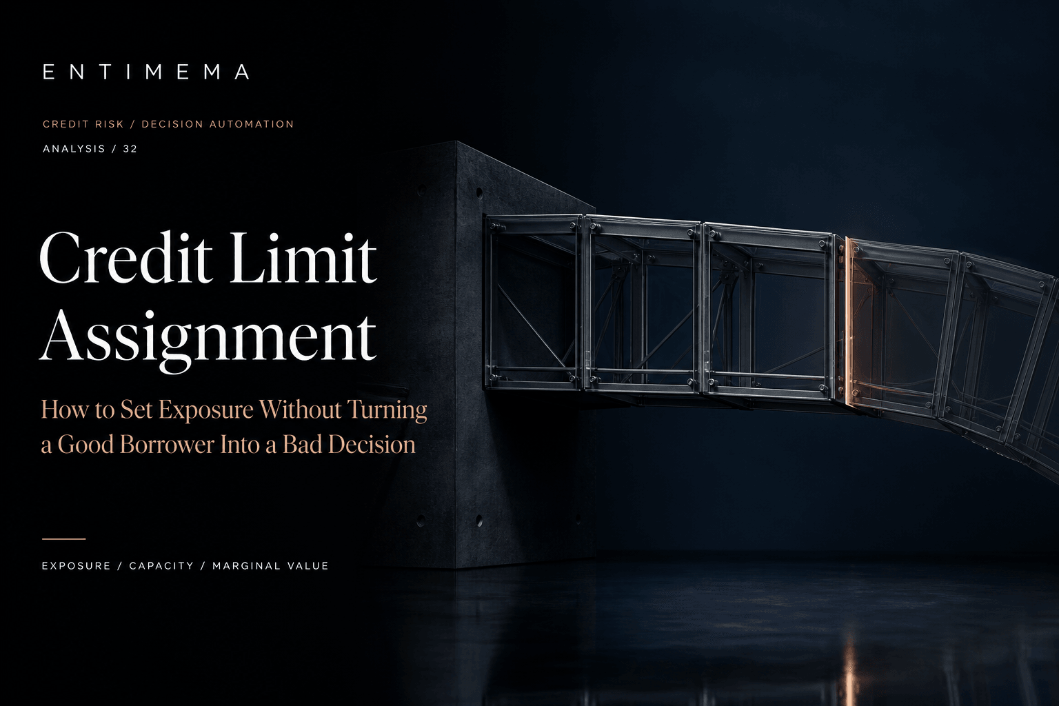 Entimema Insights cover showing a modular glass-and-steel exposure structure extending from a stable anchor to a copper economic boundary, with further capacity beginning to deflect beyond it.