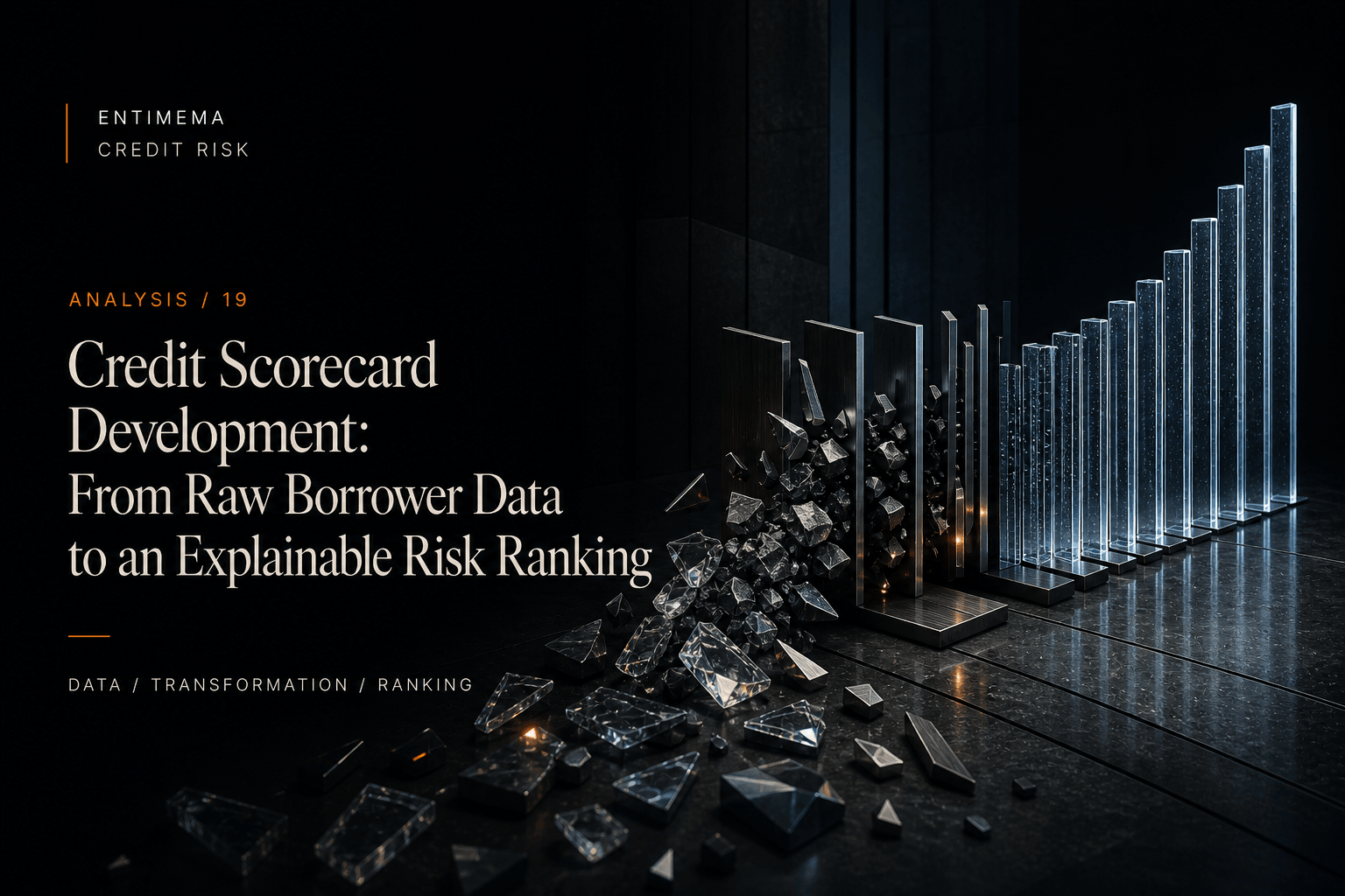 Editorial artwork for Credit Scorecard Development showing irregular raw glass and metal transformed into a disciplined ascending risk-ranking structure.