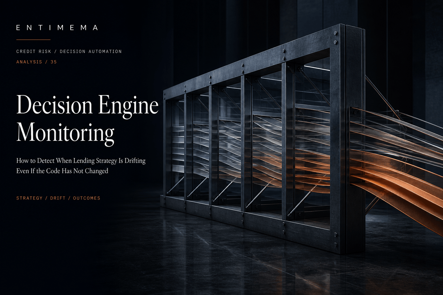 Entimema Insights cover showing a fixed steel decision structure while translucent input streams change composition and exit along a materially different copper-weighted trajectory.