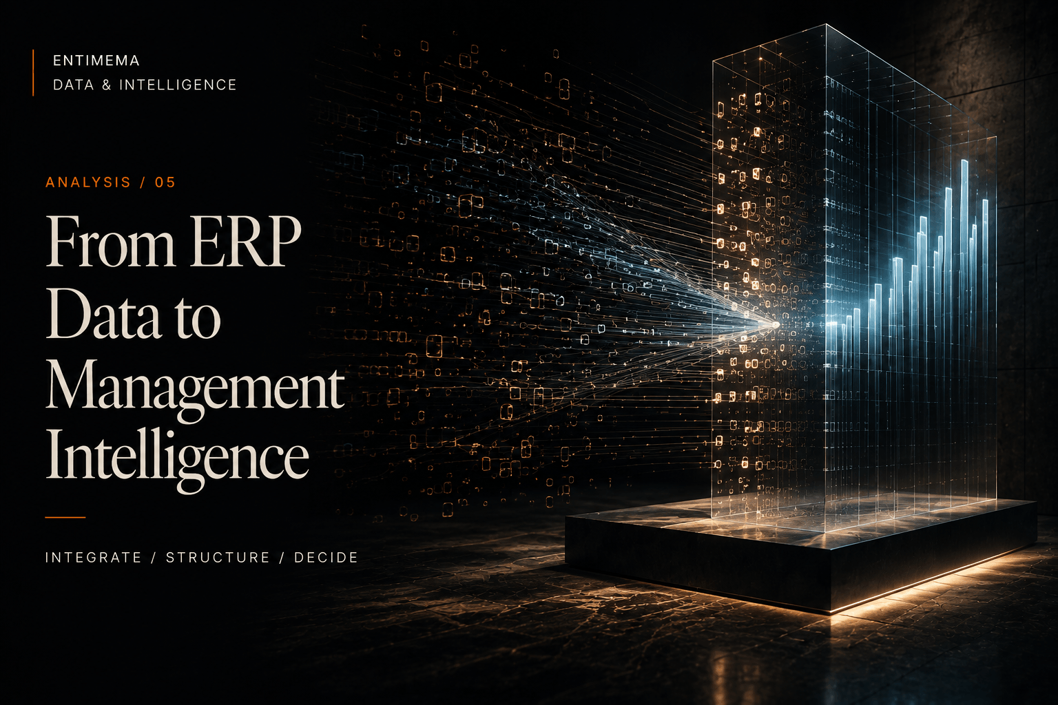 Editorial artwork showing fragmented ERP transaction data resolving into a structured analytical intelligence installation.