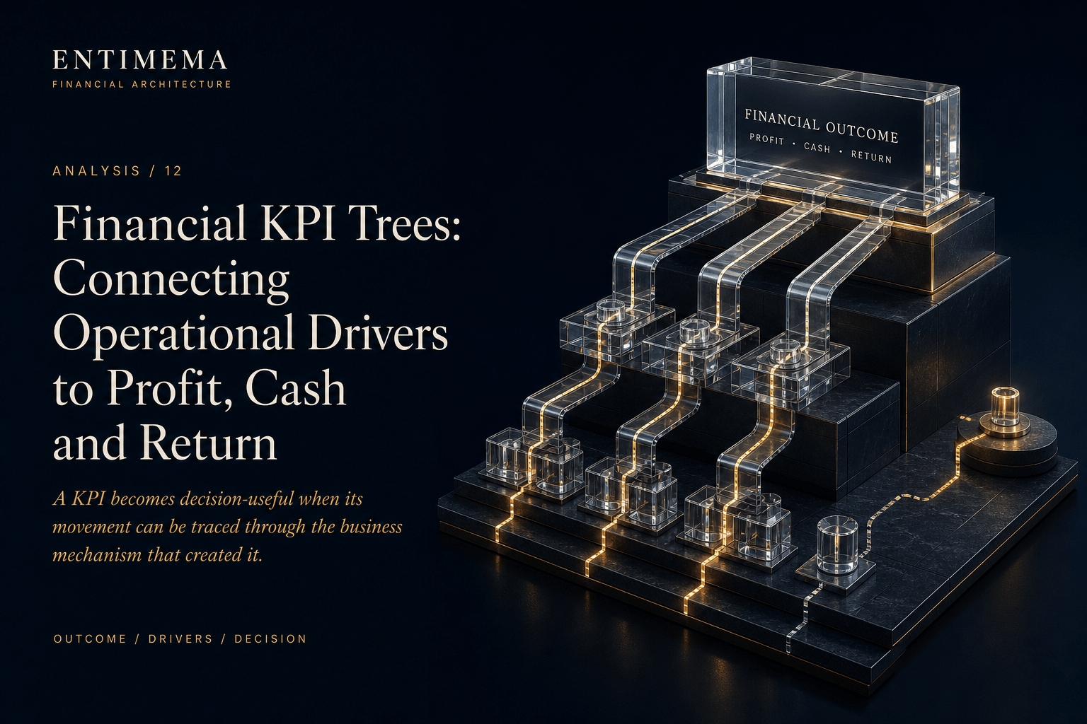 Entimema Analysis 12: an elevated glass outcome connects through translucent structural branches to operational nodes, with amber evidence paths, an interrupted association and a separate review node.