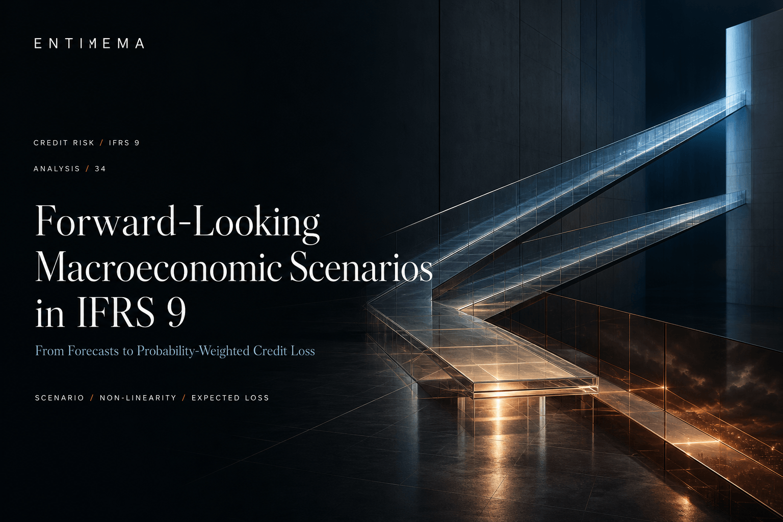 Three translucent macroeconomic pathways rise, continue and descend through glass and steel before converging into one illuminated probability-weighted expected-loss plane.