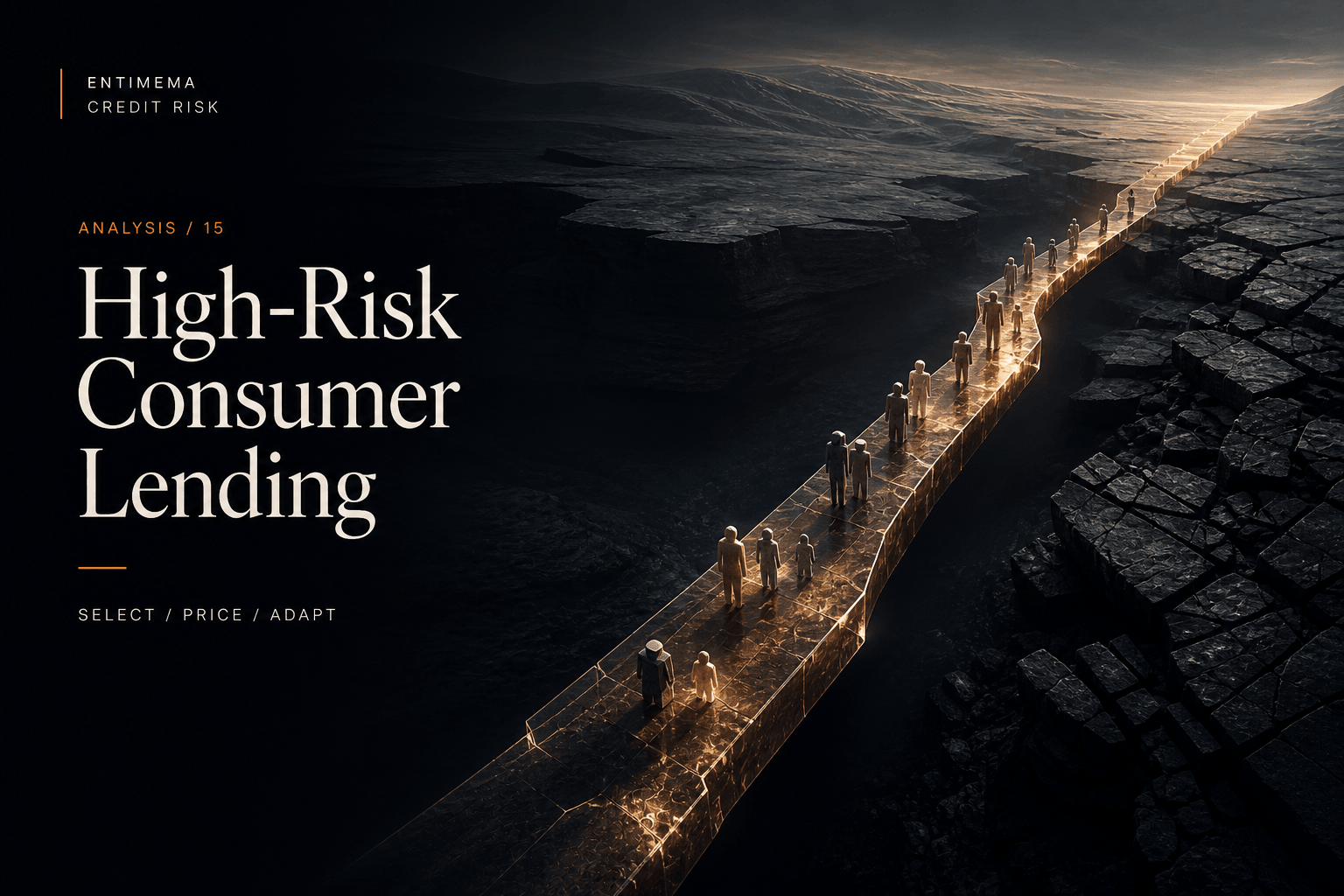 Editorial artwork for High-Risk Consumer Lending showing a controlled risk-economics frontier across a dark mineral landscape.
