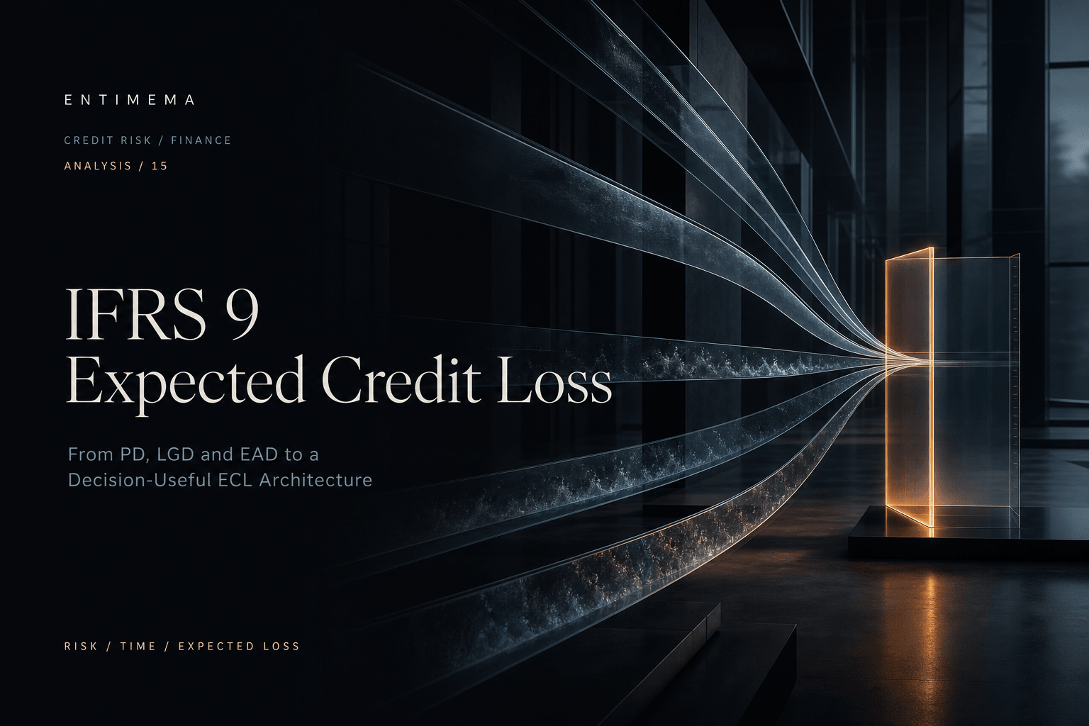 Multiple translucent future credit-loss paths converge through one precise illuminated present-value measurement plane.