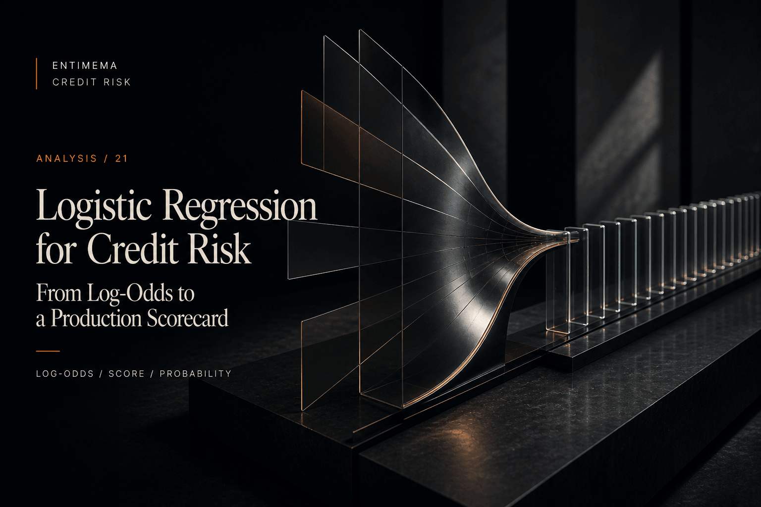 Editorial artwork for Logistic Regression for Credit Risk showing multiple evidence planes converging into a continuous risk surface and ordered score markers.