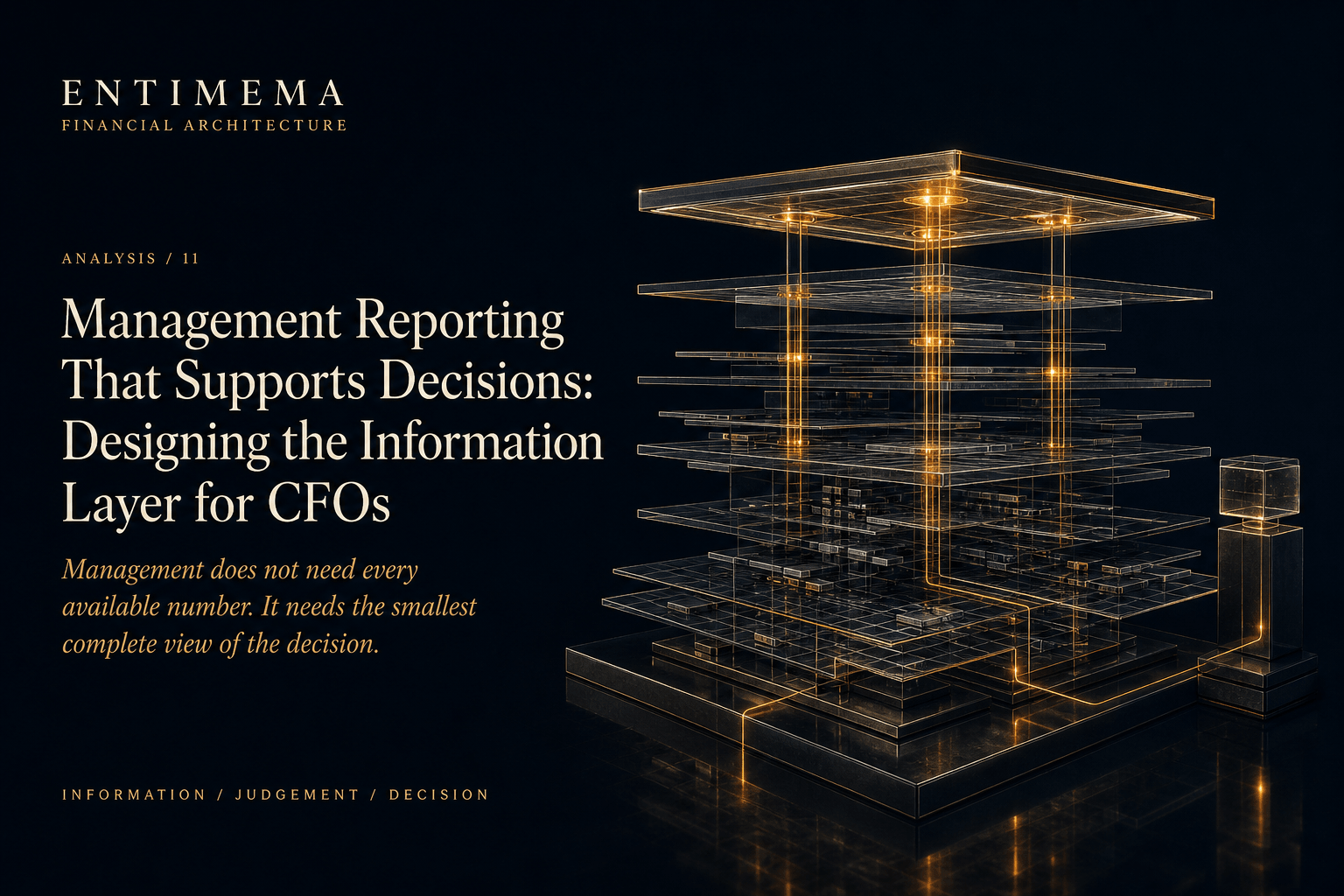 Entimema Analysis 11: layered glass financial structures support one elevated decision surface, with three restrained amber signals, continuous evidence lineage and a separate unresolved review node.