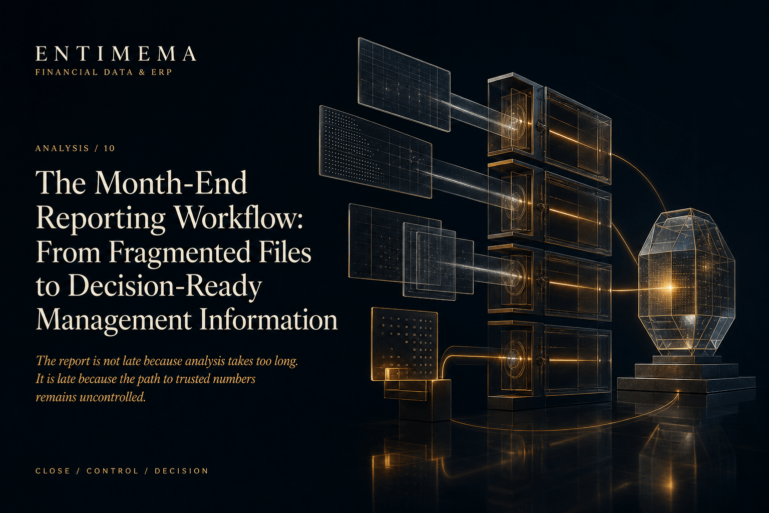 Entimema Analysis 10: heterogeneous glass planes converge through architectural control chambers into a stable versioned object, linked by amber evidence with a separate exception plane and retained superseded layer.