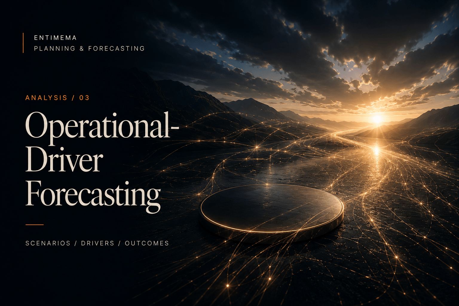 Editorial artwork for Operational-Driver Forecasting showing multiple luminous future trajectories across a cinematic landscape.