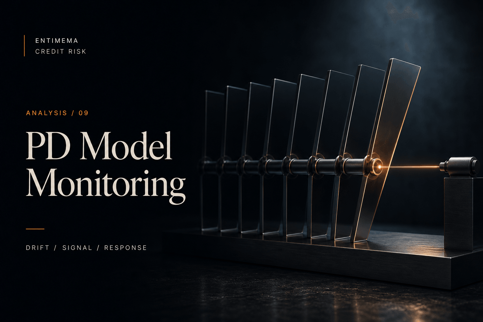 Editorial artwork for PD Model Monitoring showing ordered probability layers becoming unstable as calibration and portfolio signals drift.