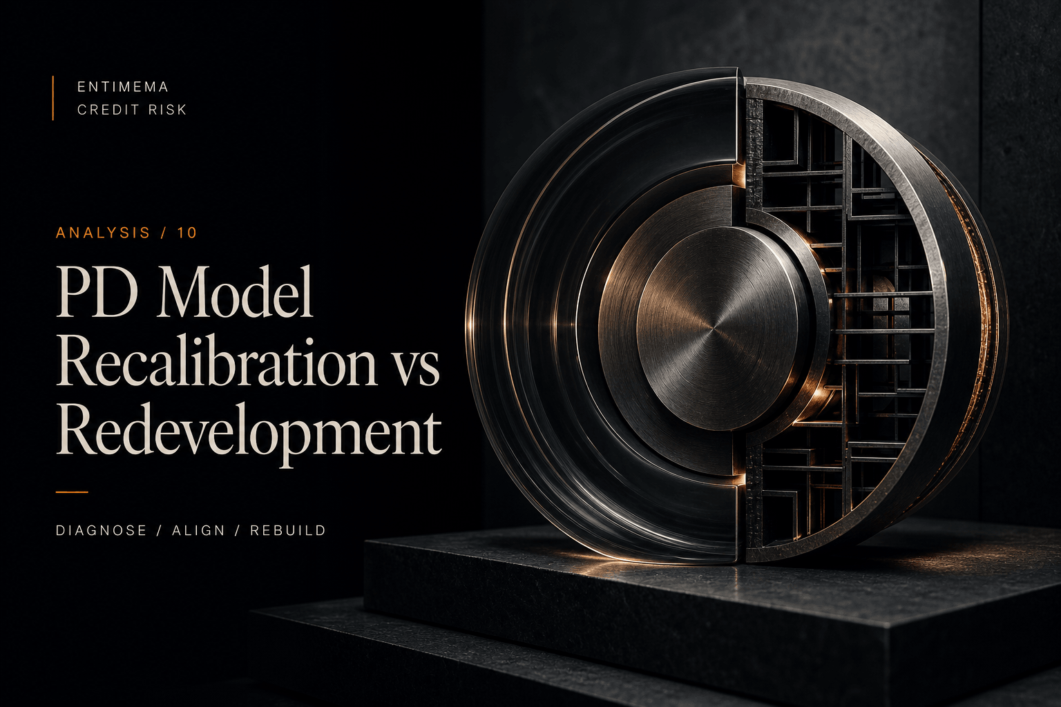 Editorial artwork showing one PD model separating into a calibrated probability surface and a structurally rebuilt analytical lattice.