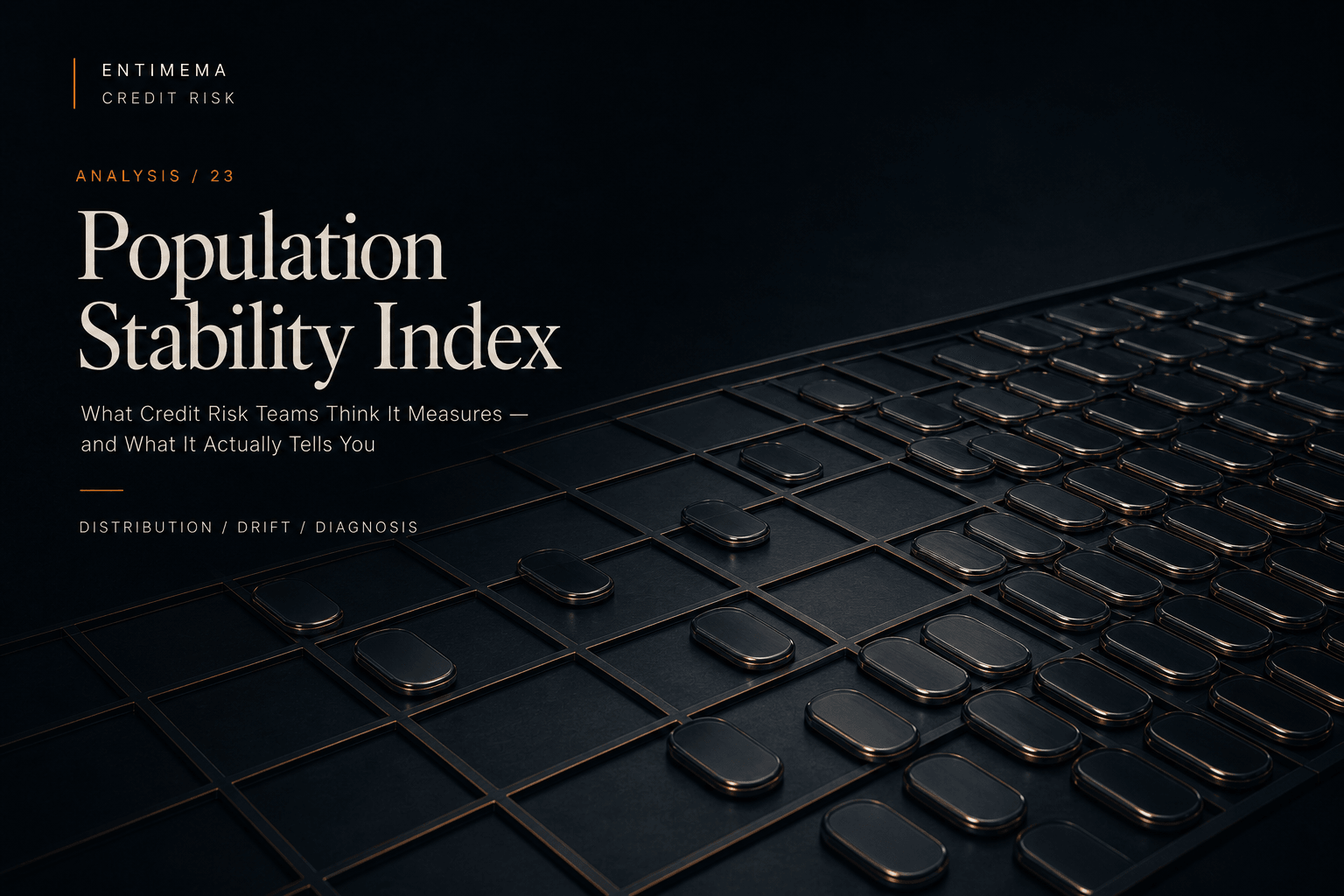 Editorial artwork for Population Stability Index showing identical low-profile elements migrating across an intact architectural field.