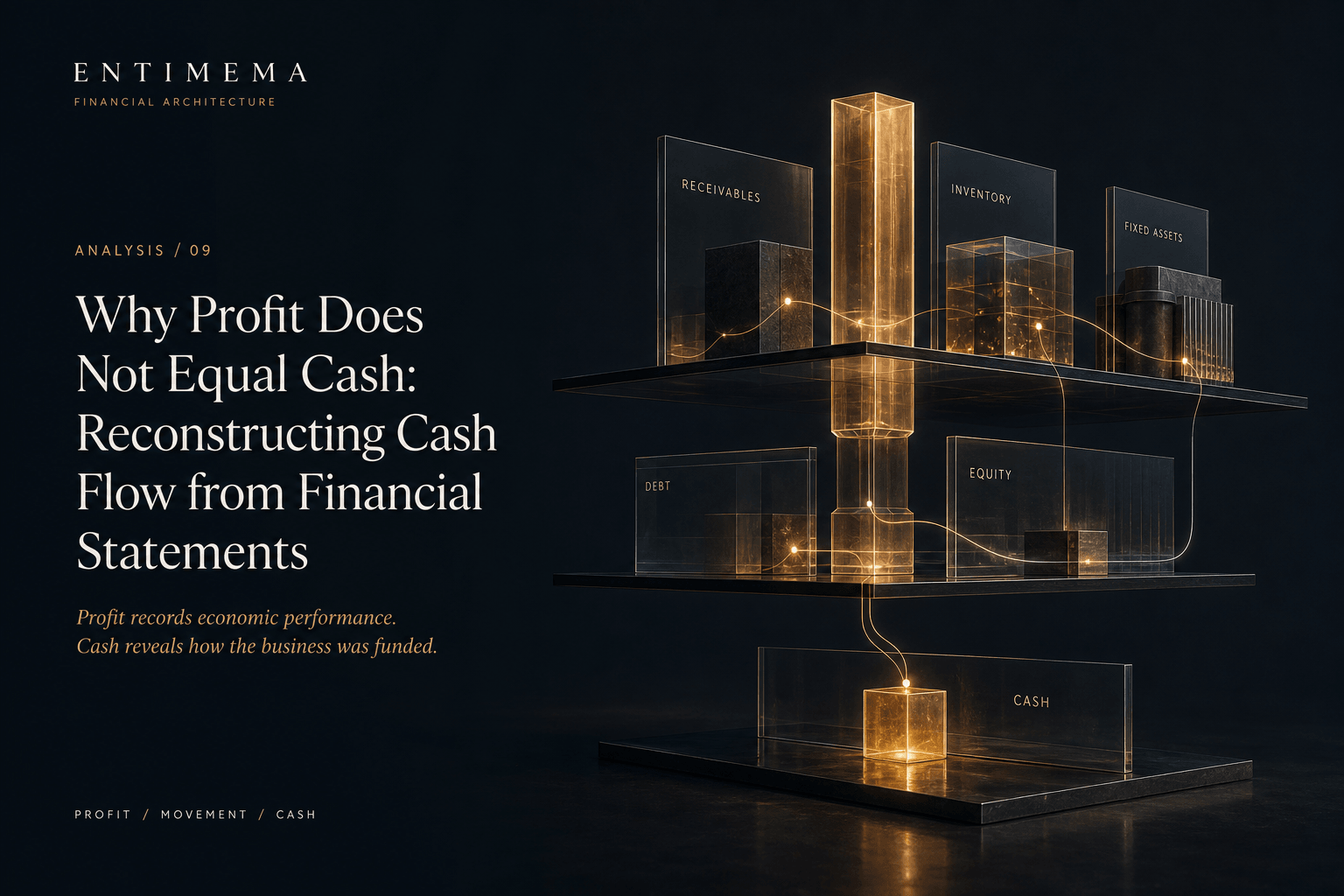 Entimema Analysis 09: an amber profit monolith is separated through glass operating, investment and financing planes, linked by an evidence filament to a smaller reconciled cash object.