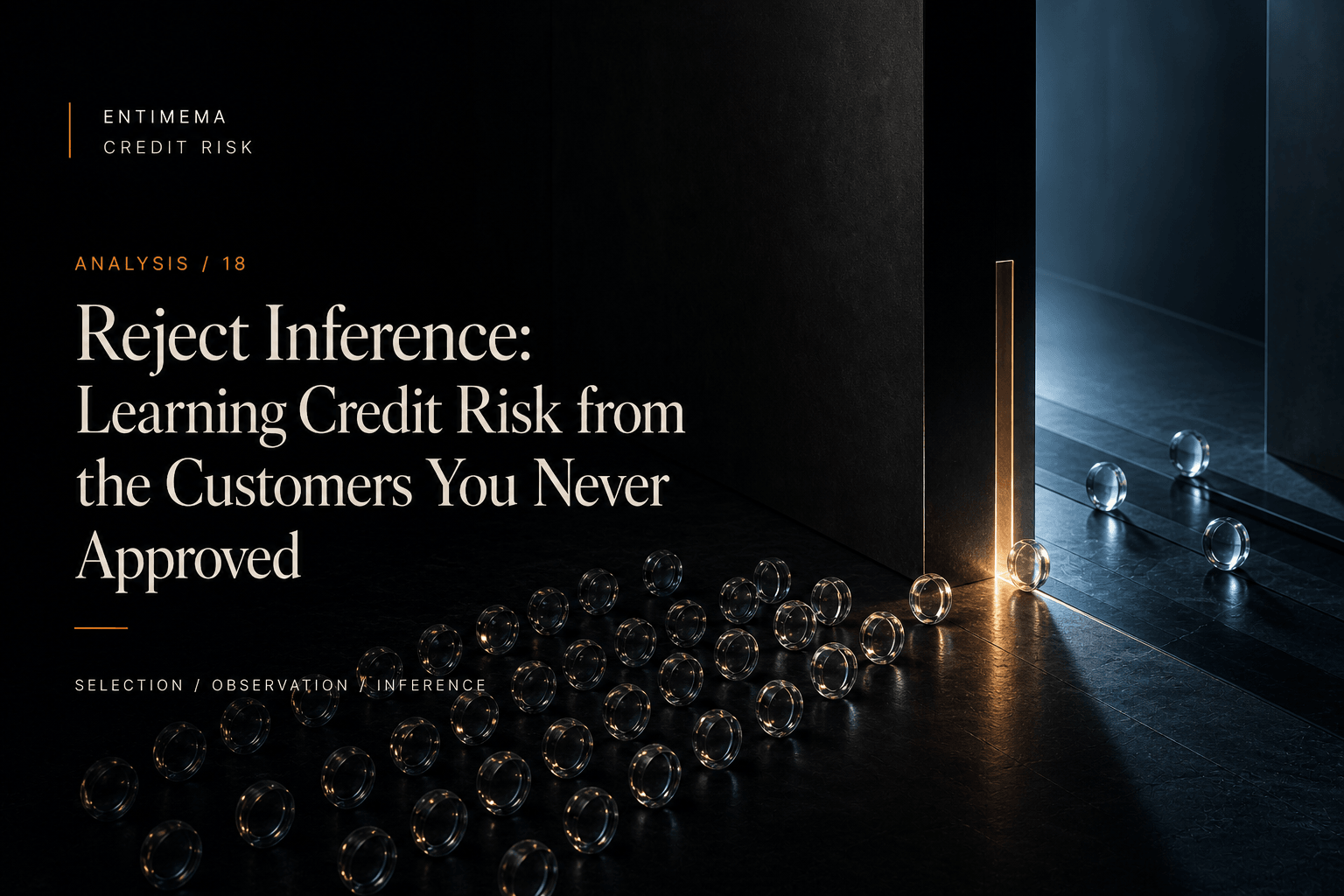 Editorial artwork for Reject Inference showing glass applicants separated by an opaque decision plane into observable and unobservable trajectories.
