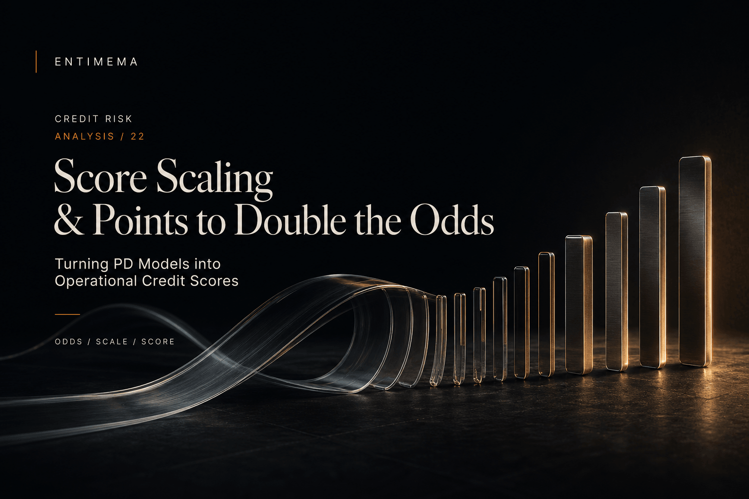 Editorial artwork for Score Scaling and Points to Double the Odds showing continuous glass risk curves resolving into calibrated metallic score markers.