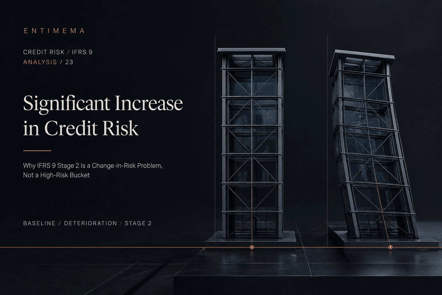 Two matched precision credit structures stand against an origination baseline; the current structure remains intact but is materially displaced from its initial state.