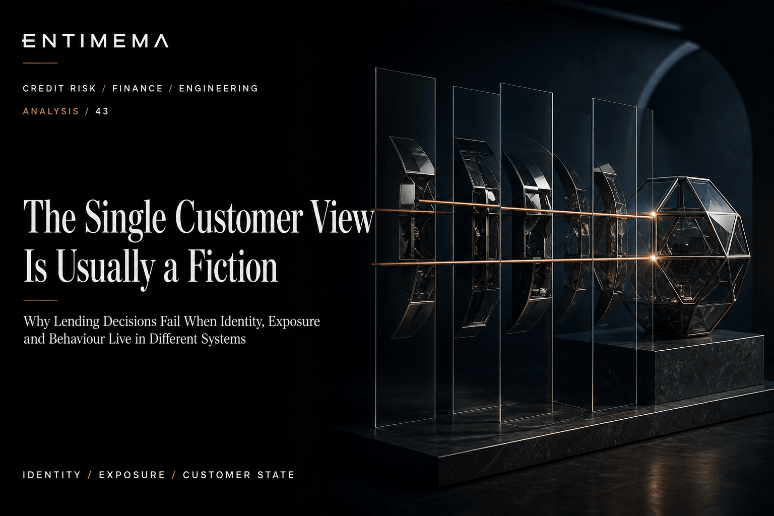 Entimema Insights cover showing fragmented slices of one steel-and-glass economic entity aligned through translucent institutional layers into a coherent customer state.