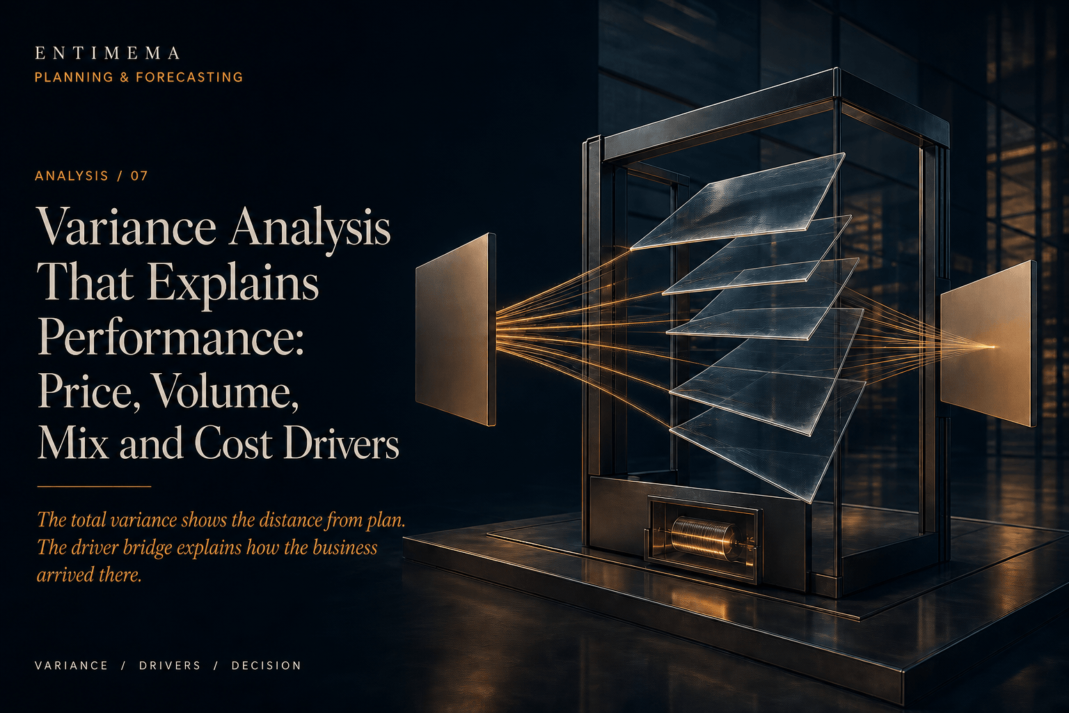 Entimema Analysis 07: a financial plane separates into translucent architectural layers linked by amber evidence filaments and reunites at a reconciliation plane.