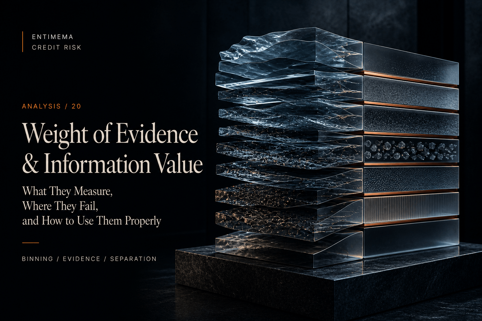 Editorial artwork for Weight of Evidence and Information Value showing irregular translucent layers resolving into separated evidence bands.